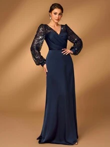 Serin 优雅奢华的海军蓝亮片串珠褶皱透视长袖 A 字形下摆晚礼服，适合庆典、正式派对、婚礼、新娘母亲礼服 - 藏蓝色 - 查看 6