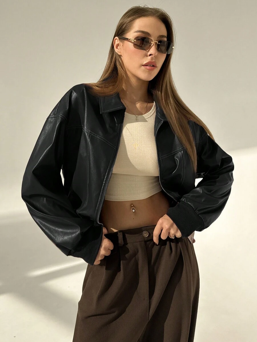 Aloruh New Vintage Style Stand Collar American Contrast Stitching Jacket Outerwear - Black - View 1