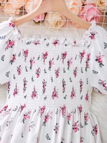 1pc Tween Girl Floral Print Pastoral Style V-Neck Dress, Spring/Summer - White - View 4