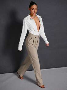 Hauture Button Down Collar Seam Detail Long Sleeve Bodysuit