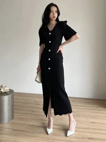 DAZY Đầm maxi nữ màu trơn cổ chữ V tay ngắn dáng ôm, kiểu tay phồng, thích hợp cho mùa xuân/hè. - màu đen - Xem 6