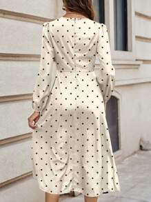 SHEIN Clasi 休闲波尔卡圆点印花连衣裙，适合春季春装女士连衣裙优雅教师服女士早午餐服装 - 杏色 - 查看 2