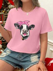 SHEIN LUNE Plus Size Damskie Topy Krowy Mleczne Nadrukowany Grafika Krótki Rękaw Casualowy T-shirt z Okrągłym Dekoltem, Walentynki