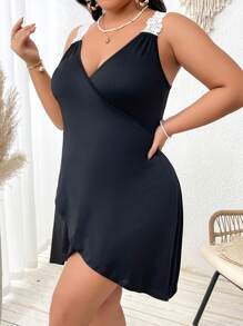 Swim Vcay Plus Size Women Contrast Lace Sexy Black Cover Up Dress Summer