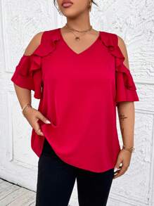 SHEIN Clasi Plus Size Women Solid V Neck Off Shoulder Tulip Ruffle Sleeve Elegant Romantic Valentine's Day Party Blouse