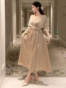 DAZY 2 pièces Ensemble top et jupe femme avec brides croisées, vêtements femme pour l'automne - Nude - Voir 6