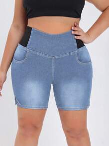 Flexra 大码深洗水蓝色牛仔休闲短裤，简约设计弹力针织，适合日常穿着 - 淺色水洗藍 - 查看 5