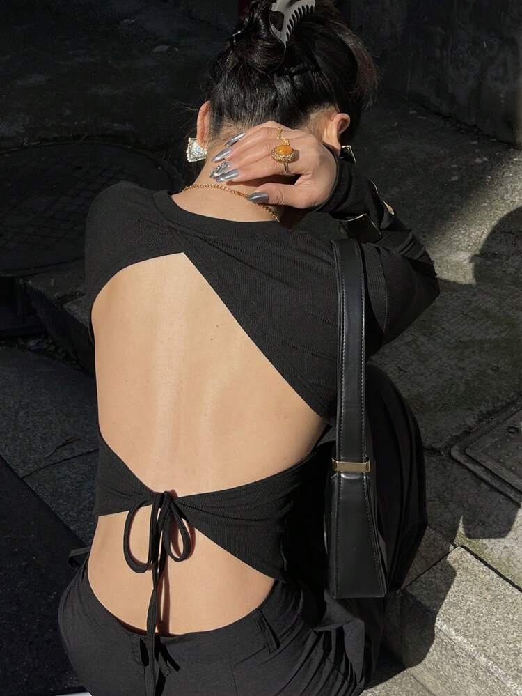 Vacation Backless Slim Fit Sexy Women's Long Sleeve T-Shirt, Spring,Y2k,Fall Women Clothes