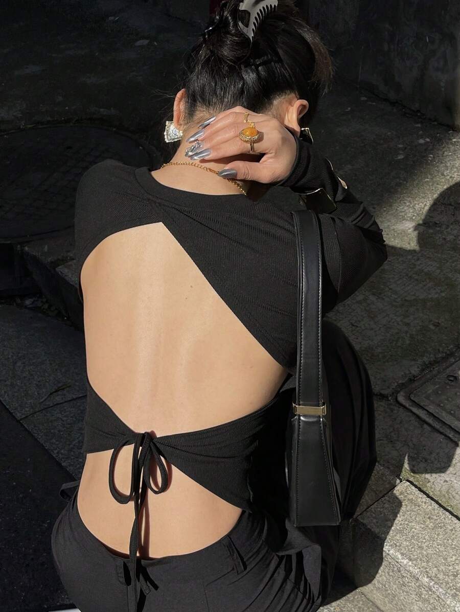 DAZY Vacation Backless Slim Fit Sexy Women's Long Sleeve T-Shirt, Spring,Y2k,Fall Women Clothes