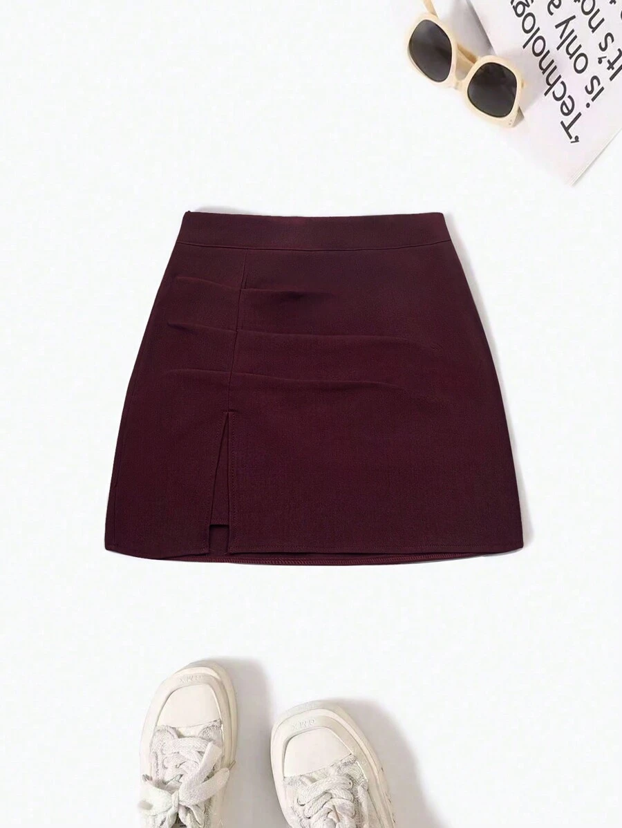 Sweetra Petite Váy ngắn chữ A đơn giản, đa năng, giản dị, dành cho nữ, màu đỏ tía cao cấp - Màu Đỏ Sâu - Xem 1