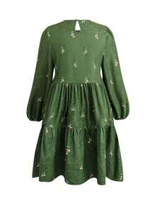 Flirla Große Größen Damen Rundhals Laternärmel Hohe Taille Rüschensaum Mini Smock Kleid, Herbst