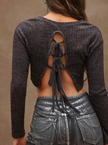 Denimoi Women's Charcoal Rib Holiday Cropped Top With Tie Back - Dark Grey - View 5