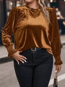 SHEIN Clasi Plus Size Women Solid Color Frill Trim Round Neck Batwing Sleeve Casual T-Shirt, Autumn - Coffee Brown - View 6