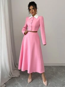 Chiquease 优雅女士两件套服装，裙子和上衣套装，粉色女士两件套 - 粉色 - 查看 5
