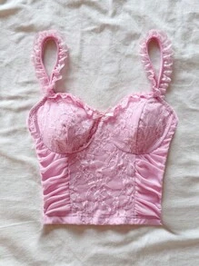 Soleia Top sin mangas de estilo retro para mujer con textura de encaje, volantes y lazo, en color rosa romántico y sensual - Rosa - Ver 3