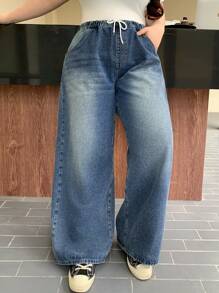 Dazy Plus 加大码松紧腰抽绳宽松长牛仔裤，适合所有季节，宽松牛仔裤