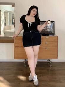 Dazy Plus Color Block Bowknot Tie Up Fitted Cropped T-Shirt, Spring & Summer - Black - View 8