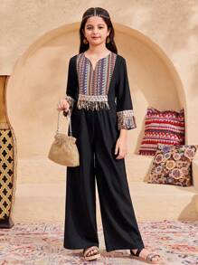 SHEIN Tween Girls' Loose Casual Solid Color Patchwork Pattern Tassels Decor Jumpsuit - Black - View 5