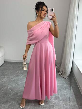 Rafferiza Fransk Elegant Vardags Mångsidigt Mode Asymmetrisk Hals Asymmetrisk Genomskinlig Chiffong Lång Klänning, Rosa, Kvinnor, Vår/Sommar