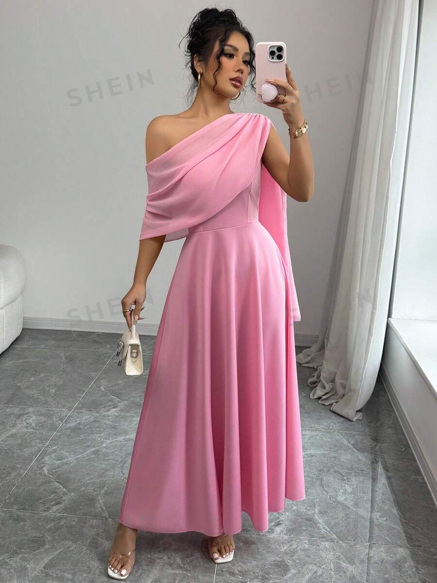 Rafferiza Elegant französischer modischer mehrzweckfähiger Alltagsklassiker, Kleid mit asymmetrischem Ausschnitt, durchsichtigem Chiffon und asymmetrischem Saum, Rosa, Damen, Frühling/Sommer - Pink - Übersicht 1