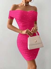 Firerie Đầm ôm hở vai tay ngắn đính hạt cườm trang trí cho nữ, màu trắng - Màu Hồng Tươi - Xem 5