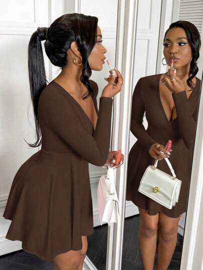 BamGleam V-ringad förförisk avantgardistisk enkel damklänning, minikort klänning, höstklänningar för nyårskläder