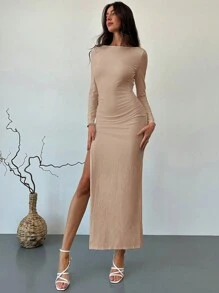 Aloruh Modern Metallic Decor Backless Long Sleeve High Slit Maxi Tight Dress For Women,Prom Dress - Khaki - View 7