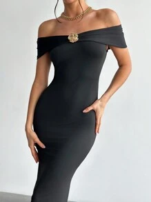 Firerie 优雅金属装饰露肩紧身美人鱼长裙，浪漫约会和日常穿着，节日/春季/夏季 - 黑色 - 查看 4