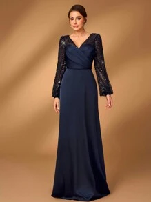 Serin 优雅奢华的海军蓝亮片串珠褶皱透视长袖 A 字形下摆晚礼服，适合庆典、正式派对、婚礼、新娘母亲礼服 - 藏蓝色 - 查看 7