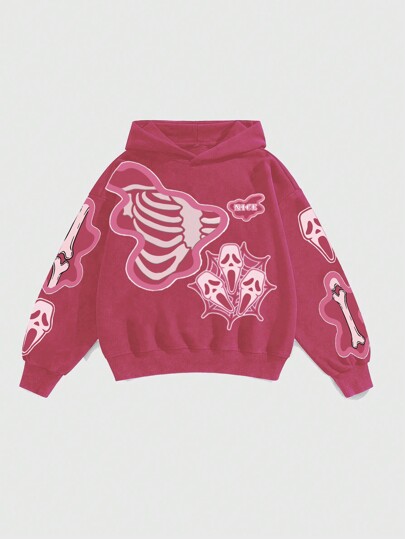 Street Life Felpa con cappuccio oversize da uomo con stampa fantasma, spalle larghe, adatta per la primavera