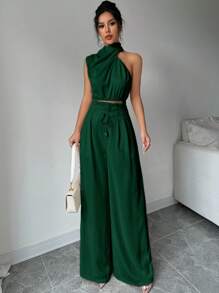 Firerie 2pcs/Set Women Turtleneck Sleeveless Top And Wide Leg Pants - Dark Green - View 5