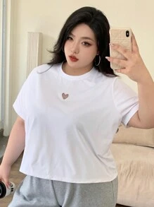 Dazy Plus 宽松圆领镂空爱心短袖 T 恤，白色，春夏 - 白色 - 查看 4