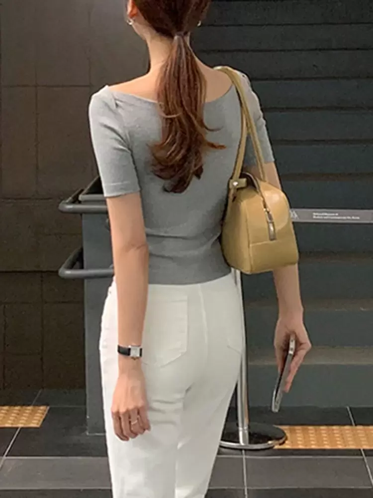 Women Fitted Round Neck Short Sleeve Elegant T-Shirt, Grey, Spring/Summer,Business Casual Women