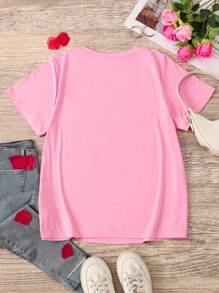 SHEIN LUNE Plus Size Damskie Topy Krowy Mleczne Nadrukowany Grafika Krótki Rękaw Casualowy T-shirt z Okrągłym Dekoltem, Walentynki