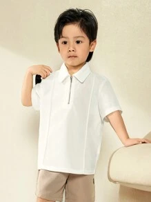 SHEIN 年轻男孩休闲纯白色短袖常规拉链上衣，适合春夏日常穿着