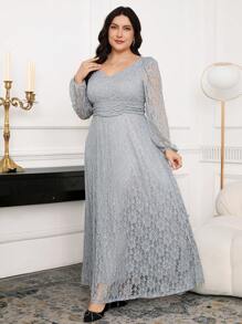 Modelyn 大码女式甜心领口灯笼袖蕾丝长款优雅连衣裙 - 灰色 - 查看 6