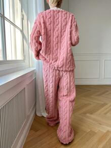 DAZY 2pcs Textured Flannel Patchwork Design Casual Loose Pajama Set,Thermal Lined - Pink - View 2