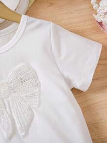 Genkimix Kids 年轻女孩休闲可爱蝴蝶结刺绣圆领短袖 T 恤，夏季百搭 - 白色 - 查看 7
