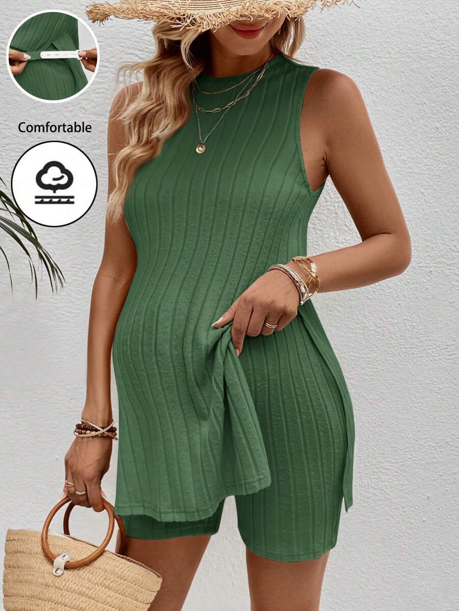 SHEIN 2pcs/Set Maternity Sleeveless Solid Color Top And Shorts Set, Casual And Fashionable For Daily Wear - Green - View 1