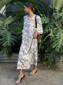 Livesso Print Straight Loose Beach Cover Up Midi Dress For Women Long Sleeve Dress Vacation Outfits Women - Beige - View 6