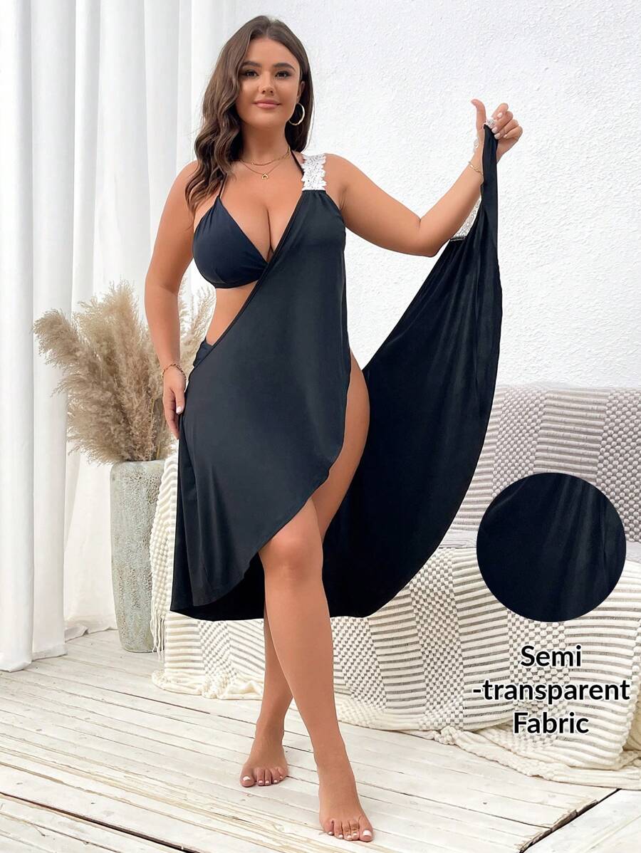 Swim Vcay Plus Size Women Contrast Lace Sexy Black Cover Up Dress Summer