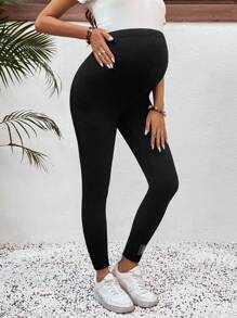 SHEIN Maternity Solid Color Adjustable Waist Skinny Casual Leggings - Black - View 5