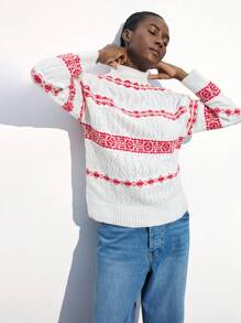 Maija Women Geometric Pattern Dropped Shoulder Stand Collar Loose Knitted Sweater,Festival - Red and White - View 4