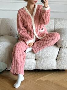 DAZY 2pcs Textured Flannel Patchwork Design Casual Loose Pajama Set,Thermal Lined - Pink - View 4