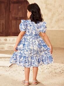 SHEIN Vestido midi de manga abullonada, cuello redondo, cintura recogida, con estampado de paisaje, elegante y retro, casual y suelto, para vacaciones, para niña - Azul - Ver 6