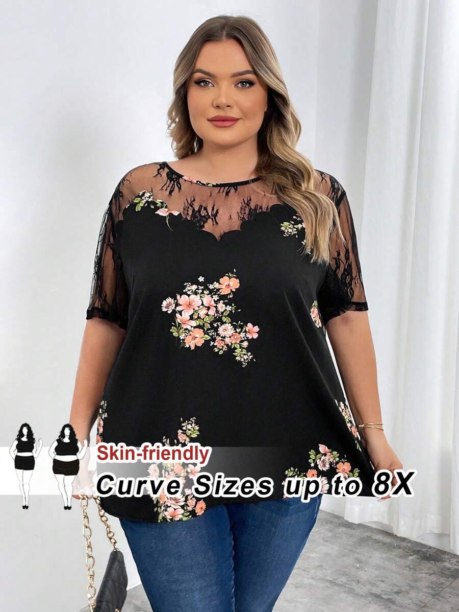 SHEIN CURVE+ 大码女式夏季蕾丝花卉撞色网眼短袖波西米亚风度假衬衫