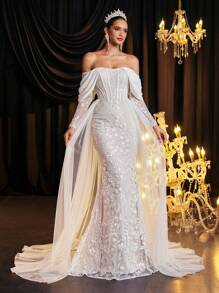 Glamrae Elegante, lujoso y romántico vestido de novia con diseño de manga transparente de malla bordada con cuentas, escote hombros descubiertos, manga tipo gota con adorno de cinta, falda ajustada de sirena con vuelo y volumen de tul, ideal para bodas - Blanco - Ver 3