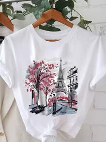 Calvaya Plus情人节巴黎埃菲尔铁塔图案印花T恤休闲舒适圆领T恤春夏版女上衣 - 白色 - 查看 1