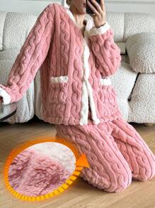 DAZY 2pcs Textured Flannel Patchwork Design Casual Loose Pajama Set,Thermal Lined - Pink - View 3