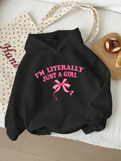 SHEIN Tween Girl Casual Pink Bow & "I'm Literally Just A Girl" Letter Print Thick Hooded Long Sleeve Sweatshirt,In Fall/Winter